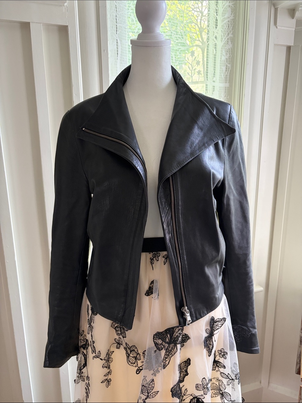 Italian Black Leather Asymmetrical Bomber Jacket Made in Italy Size Small